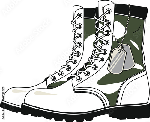 Illustration of military boots with dog tags on a brown background