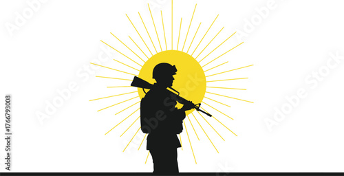 Vector art of silhouette of a soldier with a rifle in front of a sun background