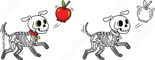 Cute skeleton dog chasing floating apple — fun Halloween cartoon character in colored and coloring page style for kids printable and spooky festive illustration