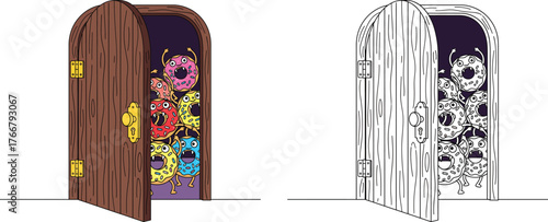 Funny monster donuts hiding behind a wooden door — cute cartoon character illustration with colored and coloring page version for kids Halloween or food printable