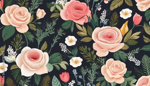 botanical floral seamless pattern with roses herbs and leaves background with flowers