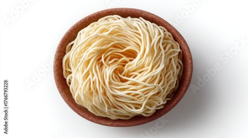 High Quality Studio Image of Dry Instant Noodles Nestled in a Textured Bowl Against a Clean White Background