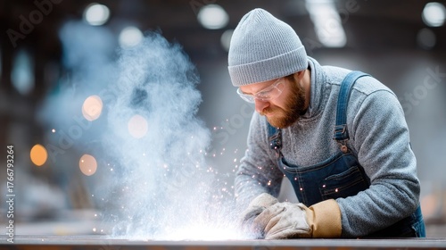 Industrial Welder Wearing Protective Gear And Beanie Intense Sparks Fly From Metalwork In A Factory Setting With Soft Background Lighting