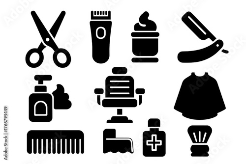 Grooming tools and equipment icons set for barbershops and hair salons