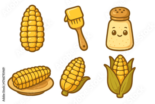 Cute food icons featuring sweet corn on the cob, melting butter brush, and salt shaker