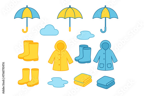 Bright yellow and blue umbrellas, rubber boots, and waterproof raincoats set for rainy weather