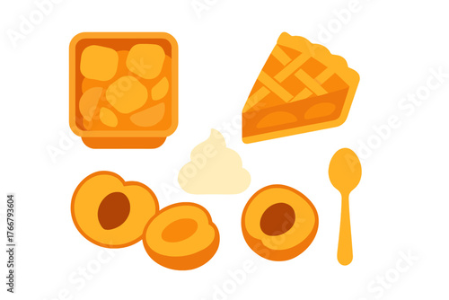 Assortment of peach desserts and ingredients like pie, cobbler, fresh fruit, and cream