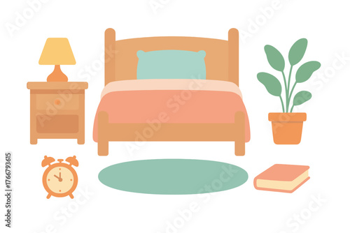Cozy bedroom interior elements set including wooden bed nightstand lamp and houseplant