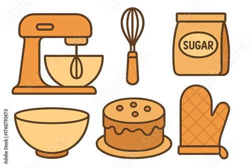 Set of baking equipment and ingredients including stand mixer whisk sugar and oven mitt