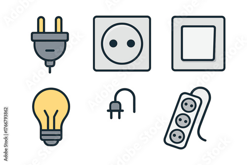 Electrical energy set with power plugs, wall sockets, light switch, and extension cord
