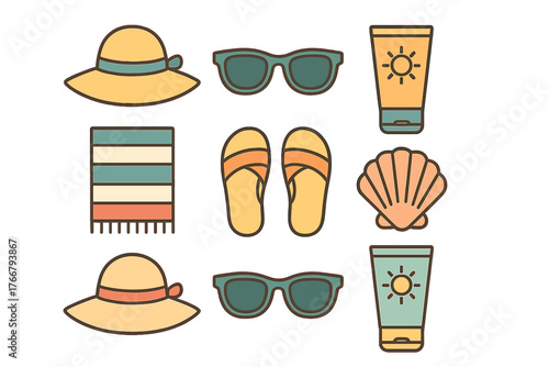 Summer beach vacation essentials set with sun hats, sunglasses, sunscreen, and flip flops