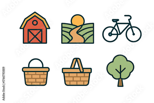 Icon set representing rural life and outdoor recreation with barn, sunny fields, bicycle, and picnic baskets