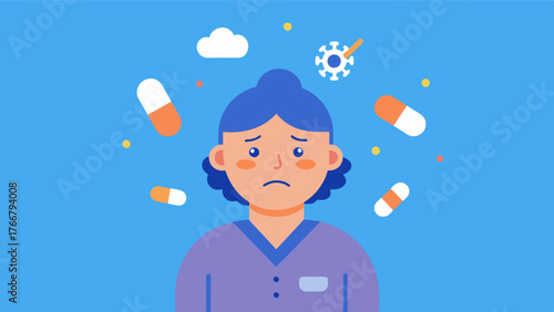 A caregiver dealing with a lack of sleep and constant worry causing them to become forgetful and unable to focus leading to mistakes in medication dosages and other important. Vector illustration