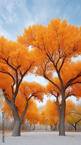 Golden Autumn Trees With Orange Foliage Stand Tall In A Snowy Landscape Under A Bright Blue Sky