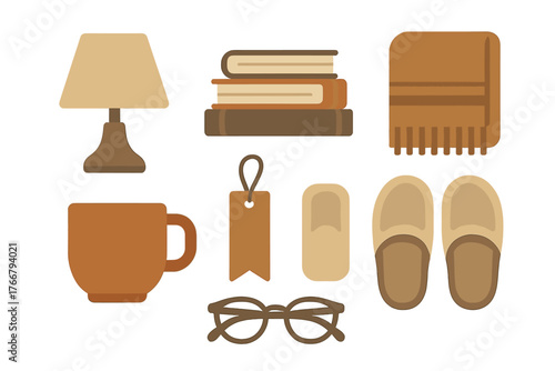 Cozy home comfort objects set with books, slippers, blanket, lamp, and mug