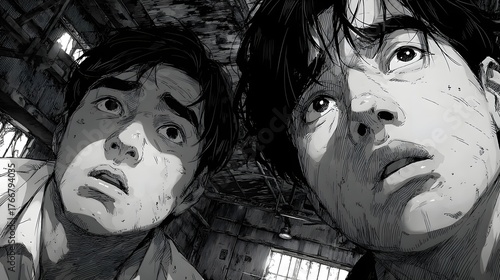 Two anxious men in a dark abandoned building, cinematic black and white anime style