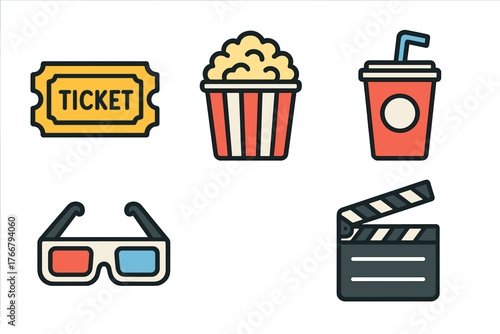 Cinema and movie production icons set: ticket, popcorn, drink, 3D glasses, and clapperboard symbols