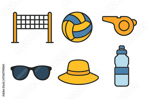 Summer beach sports equipment set: volleyball net, ball, whistle, sunglasses, sun hat, water bottle