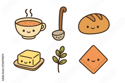Set of cute smiling cartoon food and kitchen items including soup bread and butter
