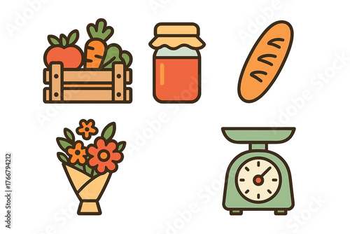 Assortment of grocery and market essentials like fresh produce, baked bread, preserves, and weighing scale