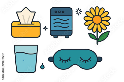 Collection of everyday objects representing personal comfort, health, and self-care