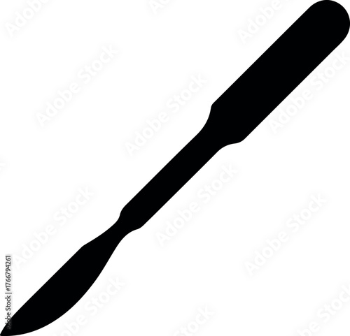 Black silhouette of a surgical scalpel blade with a handle on a white background