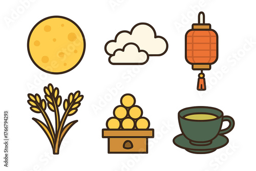 Traditional Asian harvest festival elements including full moon lantern tea and rice