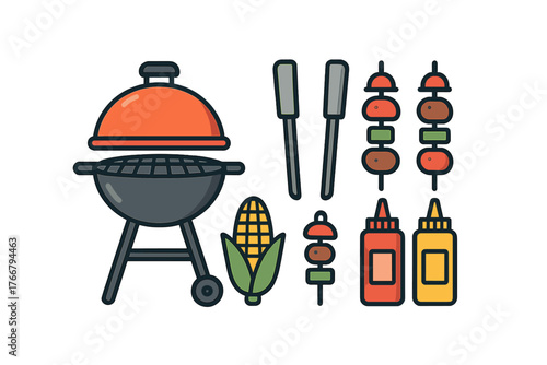 Essential barbecue grilling equipment and food items including grill, skewers, corn, and sauces