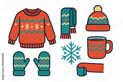 Cozy winter holiday apparel and accessories including patterned sweater knitted hat and scarf