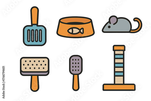 Essential accessories for pet care including grooming tools, feeding dish, and scratching post