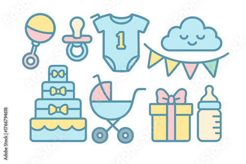 Adorable baby essentials set featuring a rattle, pacifier, bodysuit, cake, and stroller