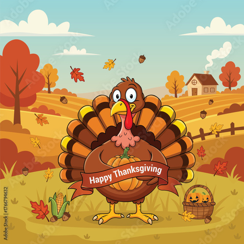 Happy Thanksgiving Turkey Cartoon Poster with Autumn Landscape
