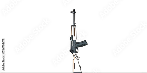 Vector art of a cartoonish depiction of a rifle standing upright on a brown surface