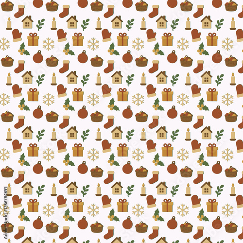 A seamless festive pattern featuring flat Christmas icons such as gifts, snowflakes, ornaments, holly, houses, stockings, and candles in warm earthy tones of green, red, and gold on a white backgr