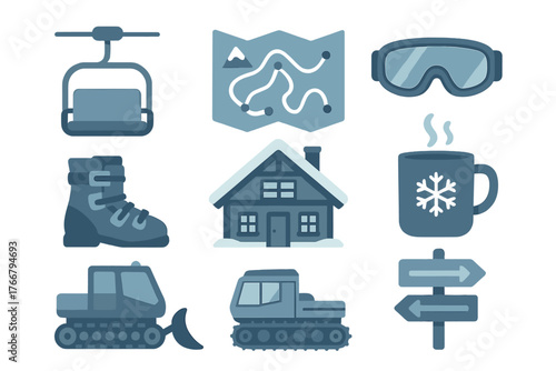 Winter recreation icons featuring ski lift chair, mountain map, snow goggles, cozy cabin, and snow groomer vehicles