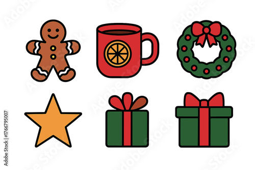 Christmas holiday symbols set with gingerbread man, wreath, star, mug, and wrapped gifts