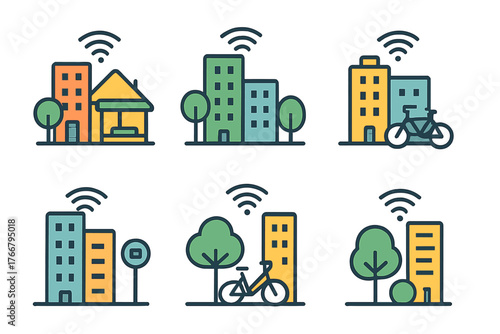 Colorful smart city icons depicting buildings, connectivity, and sustainable transport