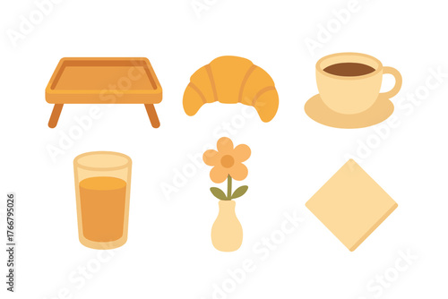 Morning meal set with coffee cup, fresh croissant, glass of juice, serving tray, and decorative flower