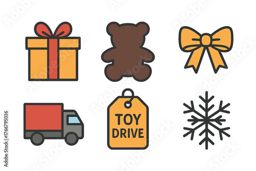Holiday charity and toy donation symbols featuring gift box, teddy bear, and delivery truck