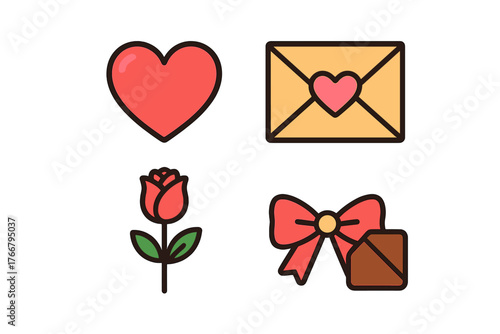 Set of romantic icons featuring a heart, love letter envelope, single rose, and decorative gift bow