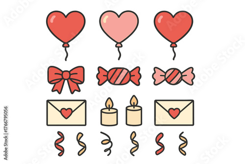 Romantic celebration icons set with hearts, balloons, bows, candies, and love letters