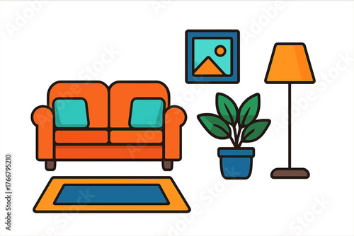 Cozy living room interior design set with sofa rug plant and floor lamp