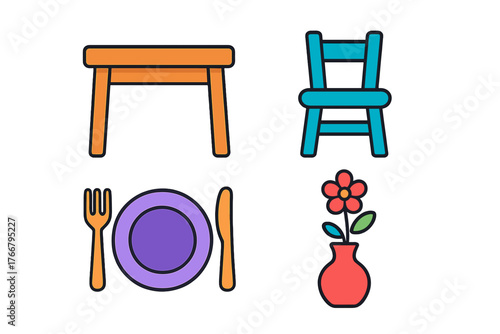 Colorful furniture and dining objects including table, chair, plate, and flower vase