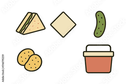 Classic lunch and picnic food items including sandwich, chips, and cooler box