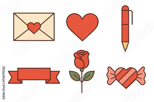 Romantic icons collection featuring heart, rose, love letter, candy, and ribbon banner