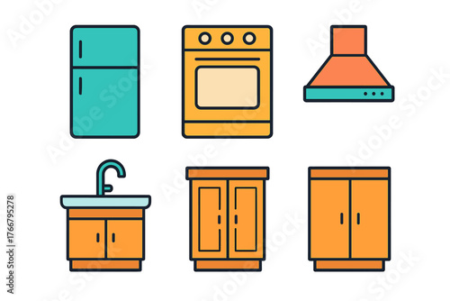 Modern kitchen appliance and cabinet icons refrigerator oven range hood sink