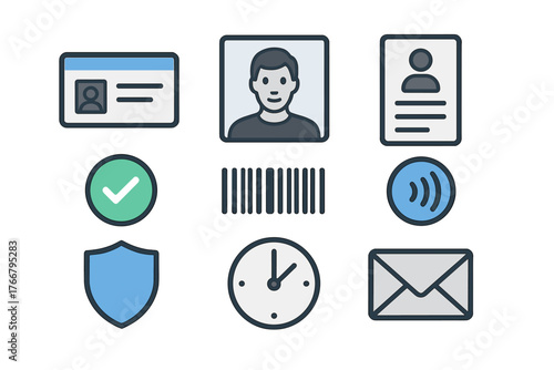 Collection of essential identity, security, and communication icons including ID card, profile picture, shield, barcode, and checkmark