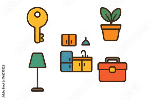 Colorful icons depicting everyday objects including a key, potted plant, lamp, kitchen sink, and briefcase