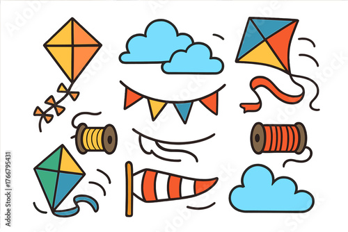 Colorful kites, clouds, windsock, and string spools for outdoor spring and summer fun