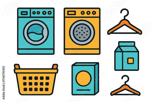 Colorful collection of laundry and washing items including machine, dryer, basket, detergent, and hangers